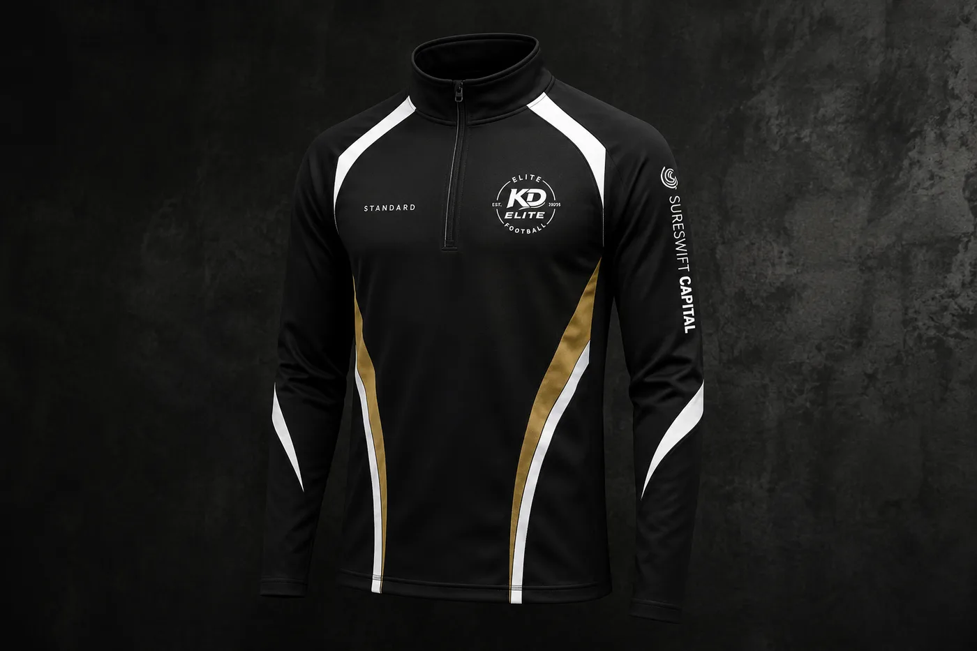 Black quarter zip pullover with white and gold panels
